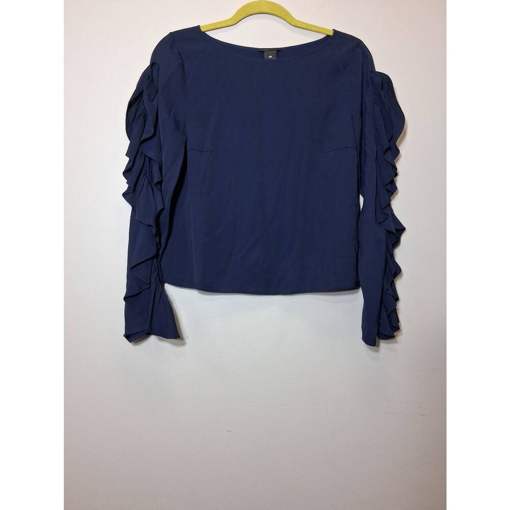 Club Monaco womens small boxy shirt navy blue ruffle sleeve boat neck